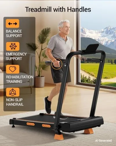 The compact walking pad treadmill folded and stored upright against a wall