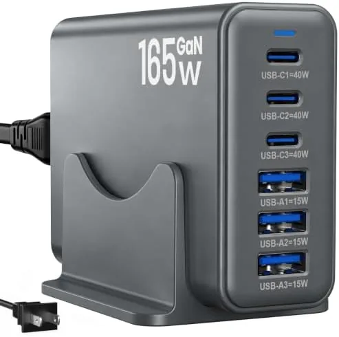 165W Charging Station, 6 Port Desktop Charger, 3 Ports 40W Grey | USB Charger Review: Tested and Rated