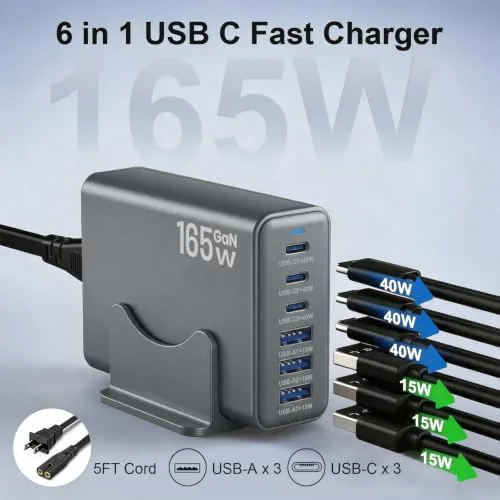 Close look at the 165W Charging Station, 6 Port Desktop Charger, 3 Ports 40W build quality