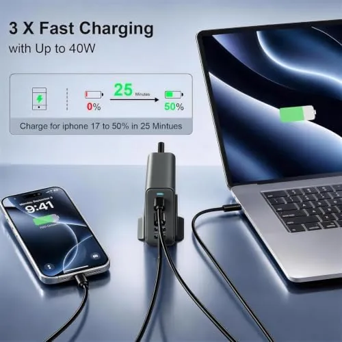 Detail shot of the 165W Charging Station, 6 Port Desktop Charger, 3 Ports 40W features