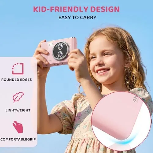 The pink camera resting on a desk beside the memory card and accessories