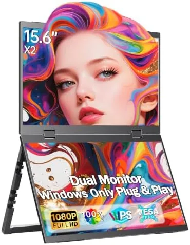 The dual foldable portable monitor unfolded into a twin screen setup on a desk