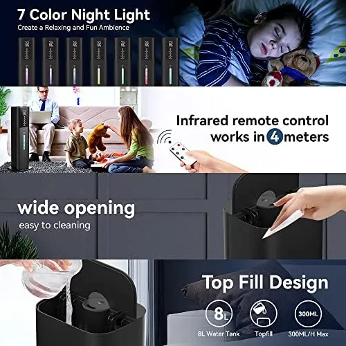 Testing the Humidifiers Large Room Bedroom with 7 Colors Light, 2.1Gal(8L) 3 over two weeks