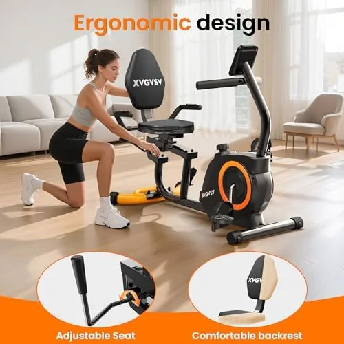 Close-up of the adjustable seat and backrest on the recumbent exercise bike