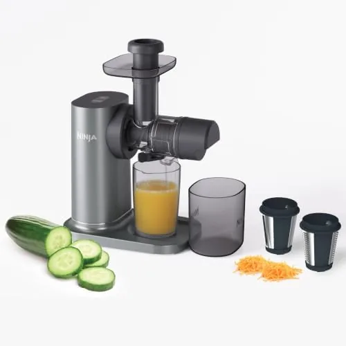 The Ninja NeverClog 3-in-1 juicer on a counter with the 32oz vessel attached