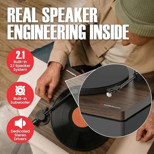 Another view of the AudioSource Vinyl Record Player, All-in-one Turntable with 2.1 Channel Built-in