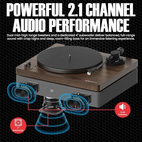 The AudioSource Vinyl Record Player, All-in-one Turntable with 2.1 Channel Built-in compared in context