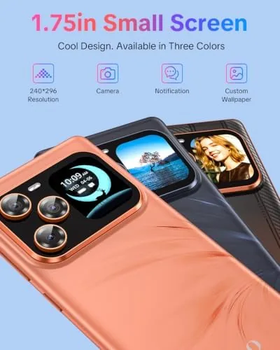 Close up of the rear camera module and the 1.74 inch rear display