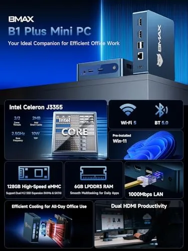 The rear of the Bmax mini PC showing the array of ports