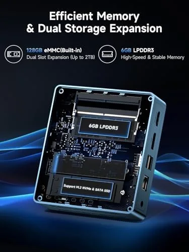 The mini PC opened showing the M.2 SSD slot for expansion