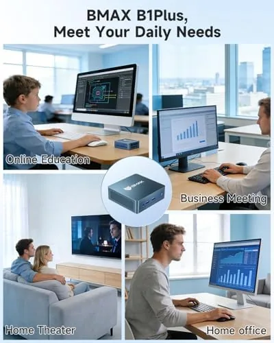 The Bmax mini PC beside a keyboard showing its compact size