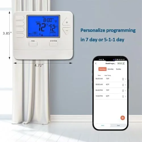 The thermostat being installed on a wall with the wiring visible