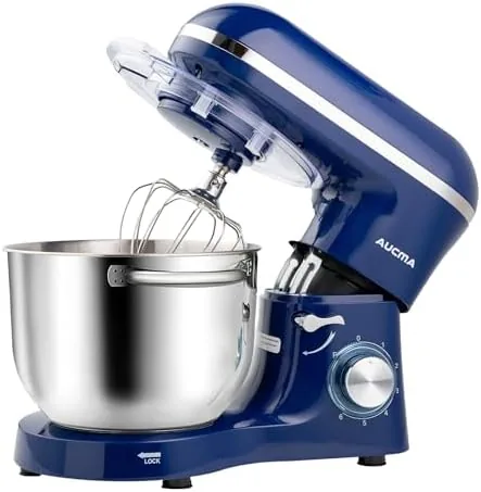 The Aucma stand mixer in royal blue with the stainless steel bowl attached