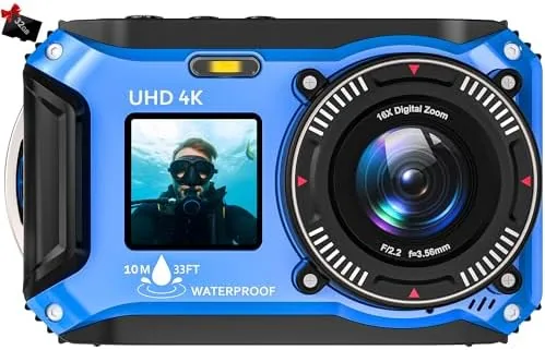 The blue 4K underwater camera held above a swimming pool surface