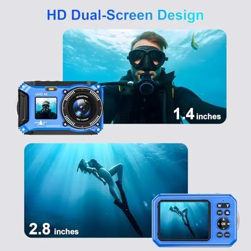 The underwater camera next to a phone case and an action camera for comparison