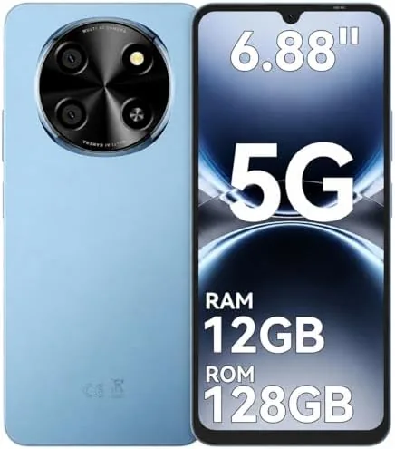 The slim blue 2026 unlocked phone held in one hand showing its large display
