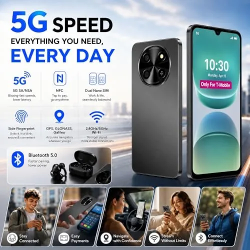 The black phone shown in a gift box with a charger and cable