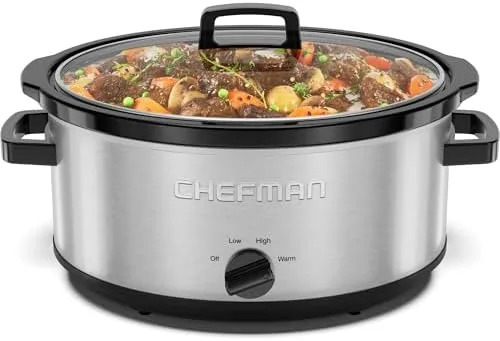 The stainless steel Chefman 7 quart slow cooker on a kitchen counter