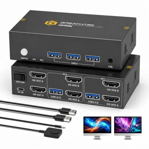 Overview of the GREATHTEK 8K@60Hz HDMI KVM Switch 2 Monitors 2 Computers |
