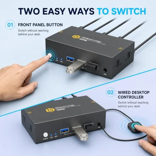 Another view of the GREATHTEK 8K@60Hz HDMI KVM Switch 2 Monitors 2 Computers |