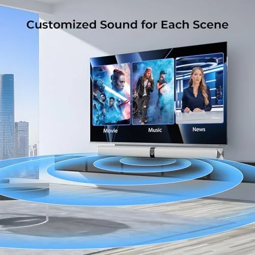 Detail shot of the Sound Bar for Smart TV, 80W Soundbar with Bluetooth/ARC/Opt/AUX Connect features