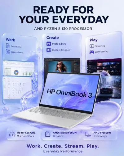 Detail shot of the HP OmniBook 3 17.3" Touchscreen Laptop, AMD Ryzen 5 130 features