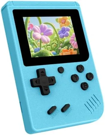 Blue mini handheld game console with the screen showing a retro game
