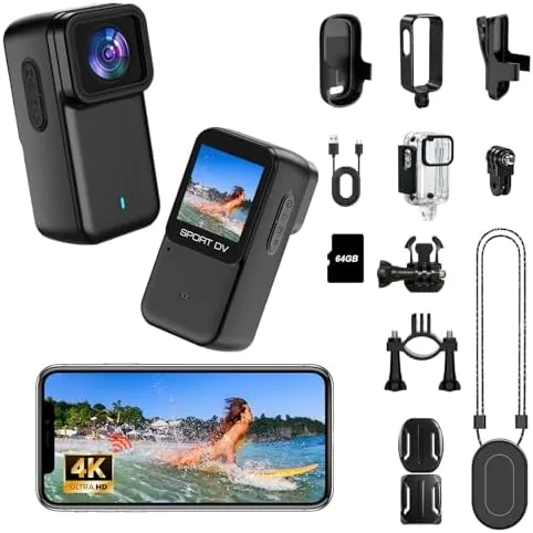 Tiny 4K action camera with its built in screen showing the view
