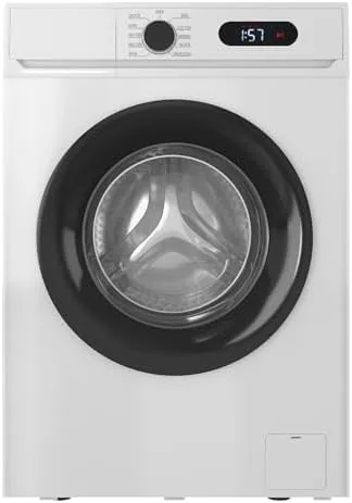 White front loading washer installed in a small laundry closet