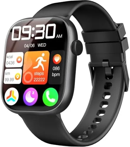 Jet black smart watch with the display showing a watch face