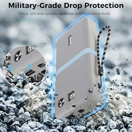 The power bank hanging from a backpack strap with the lanyard
