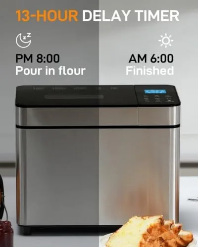 The bread maker display showing a selected program and the delay timer