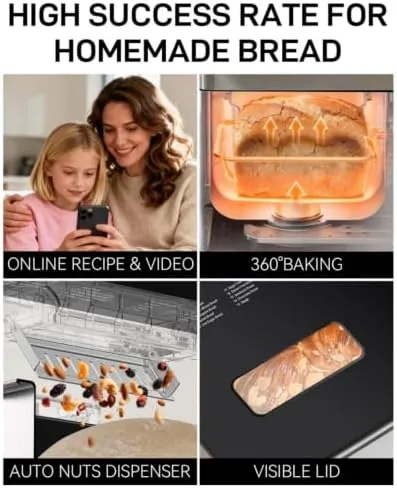 A seeded loaf sliced open next to a plain loaf from the same machine