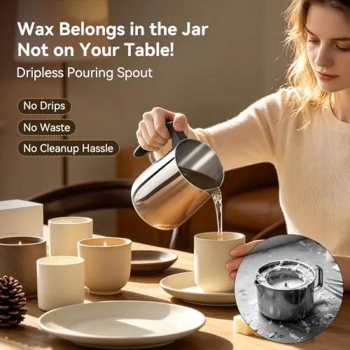 The pouring pot sitting inside a pan of hot water for double boiler melting