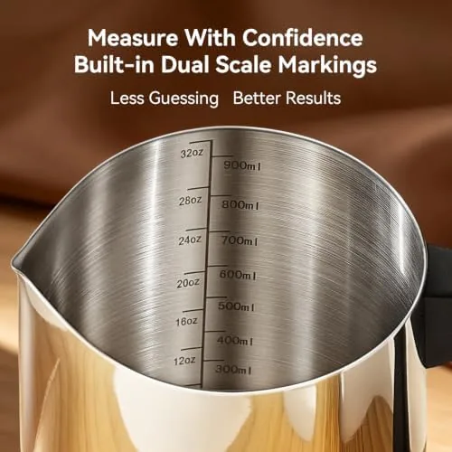The pouring pot next to a glass measuring cup and an electric wax melter