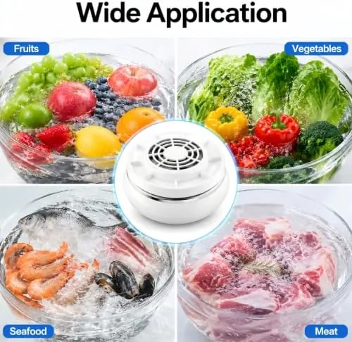 The fruit washer charging through its sealed port on a kitchen counter