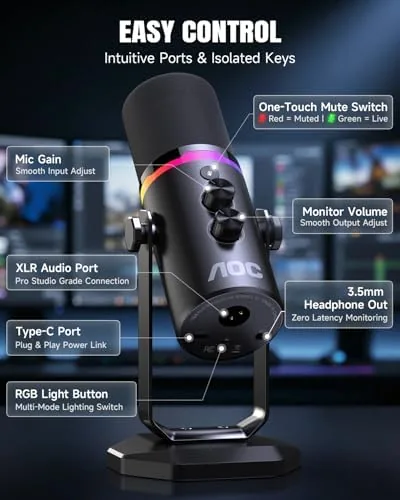 Another view of the AOC USB/XLR Dynamic Microphone for PC Gaming, Podcast & Recording