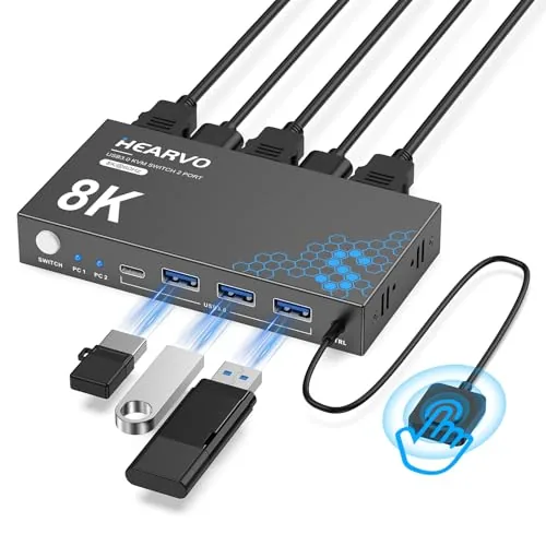 Overview of the Hearvo USB 3.0 HDMI KVM Switch 1 Monitor 2 Computers