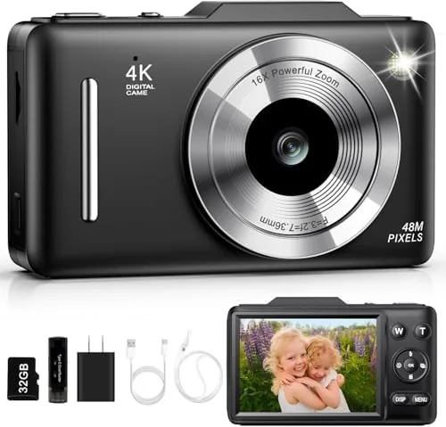 The black 4K kids camera held in a child's hand outdoors