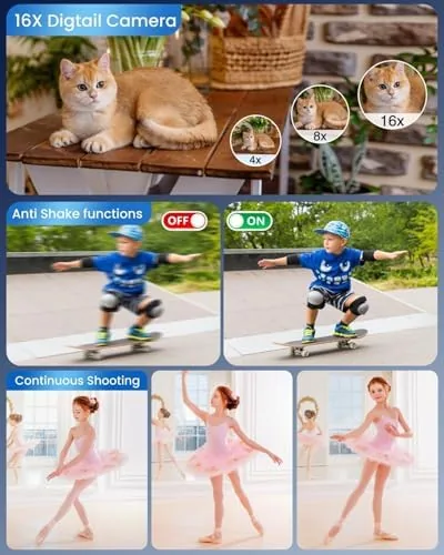 The 4K kids camera beside a phone and a basic toy camera for comparison