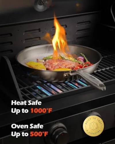 Seared steak with vegetables cooking in the titanium skillet
