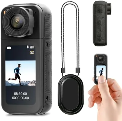The thumb-sized mini body camera held in a hand