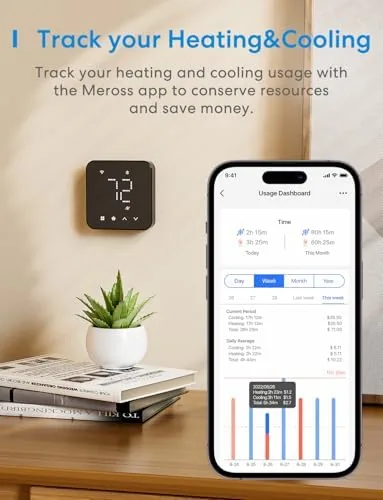 The meross thermostat next to a premium thermostat for comparison