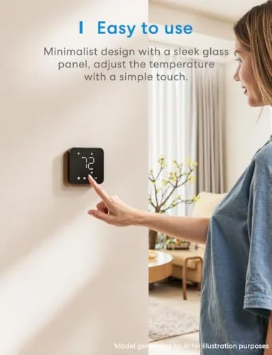 The thermostat in a living room setting with a voice assistant nearby
