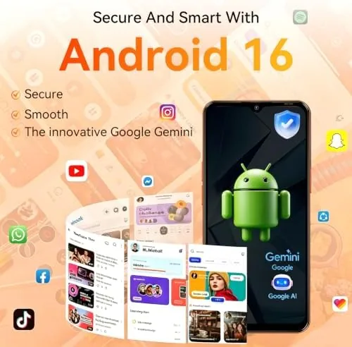The phone showing the Android 16 home screen with app grid