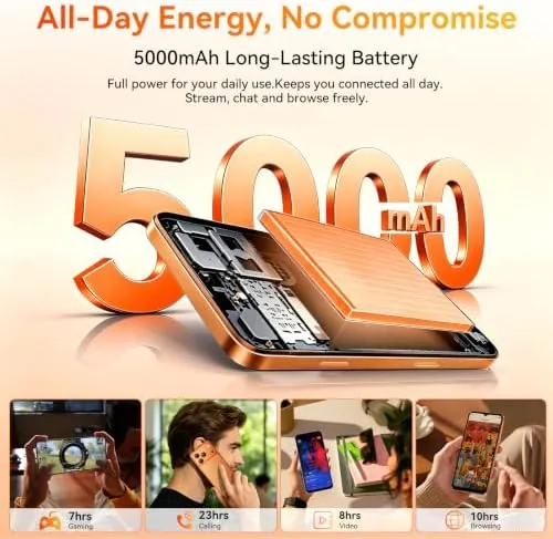 The orange Wave 7C phone resting on a desk with a SIM card nearby