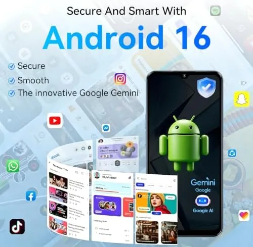 The phone home screen showing the blue wallpaper and app icons
