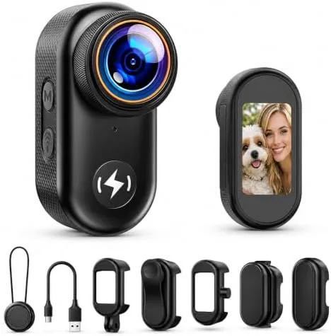 The thumb sized 4K mini body camera resting next to its magnetic mount