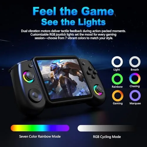 The RG43H Pro next to a budget handheld and a premium console