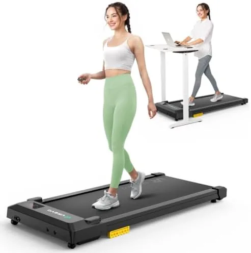 UREVO walking pad placed under a standing desk